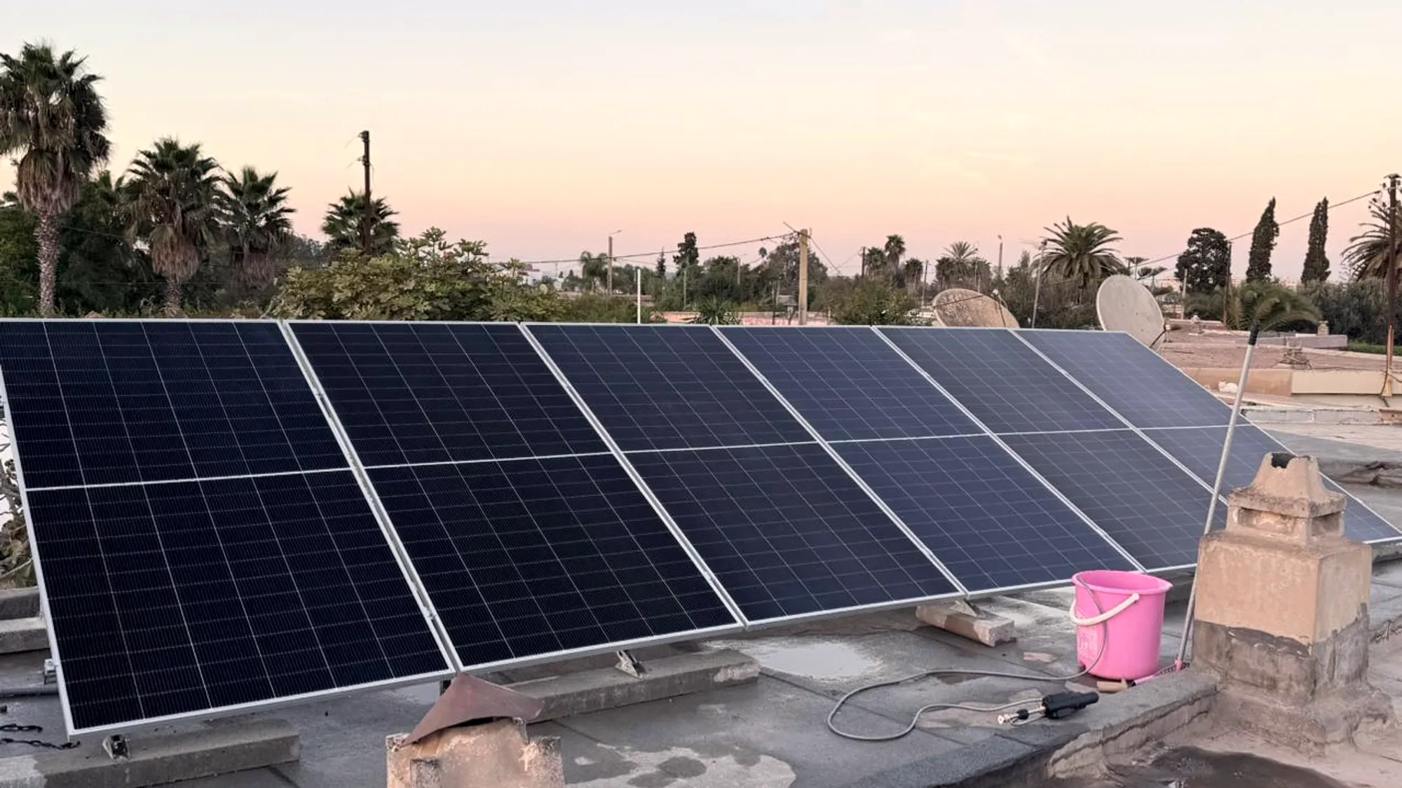 Rangée de six panneaux solaires au coucher du soleil, palmiers en arrière-plan, Nouaceur